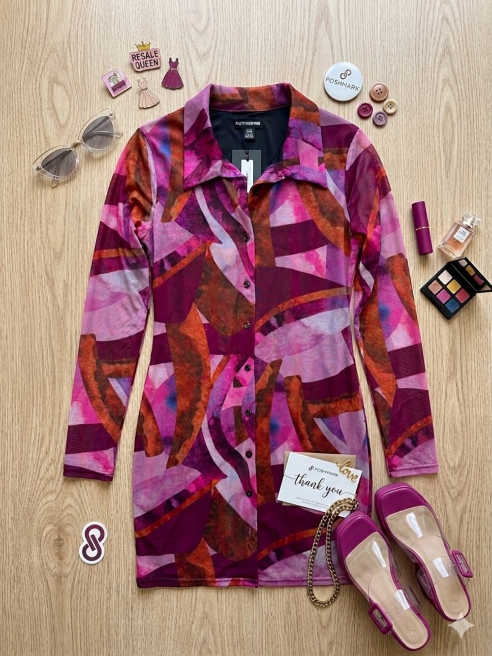 PrettyLittleThing Pink Abstract Mesh Shirt Dress- NWT